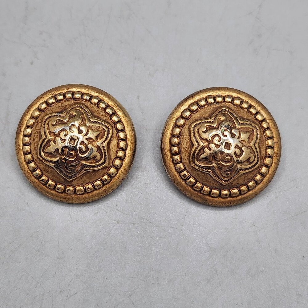 Rosecraft Metal Round Earrings Gold Tone Dome Shape Floral Star 1 inch